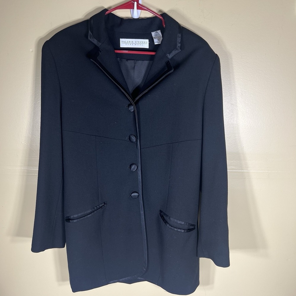 Valerie Stevens Pure Wool Blazer Womens Size 8 Black Satin Trim 4 Button Jacket